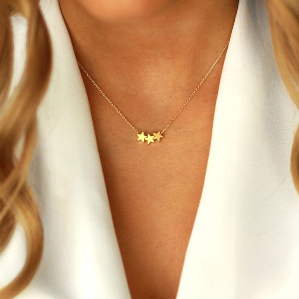 Three Star Pendant Silver Necklace Chain Jewelry Gift Tiny Star Necklace Women